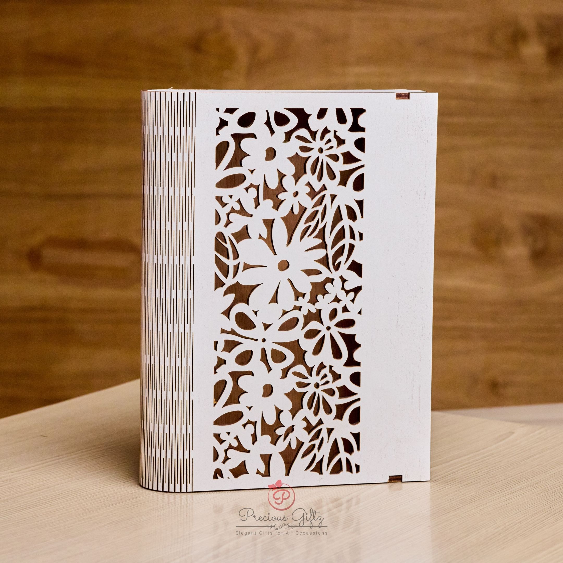 Precious Giftz white wooden laser-cut booklet box