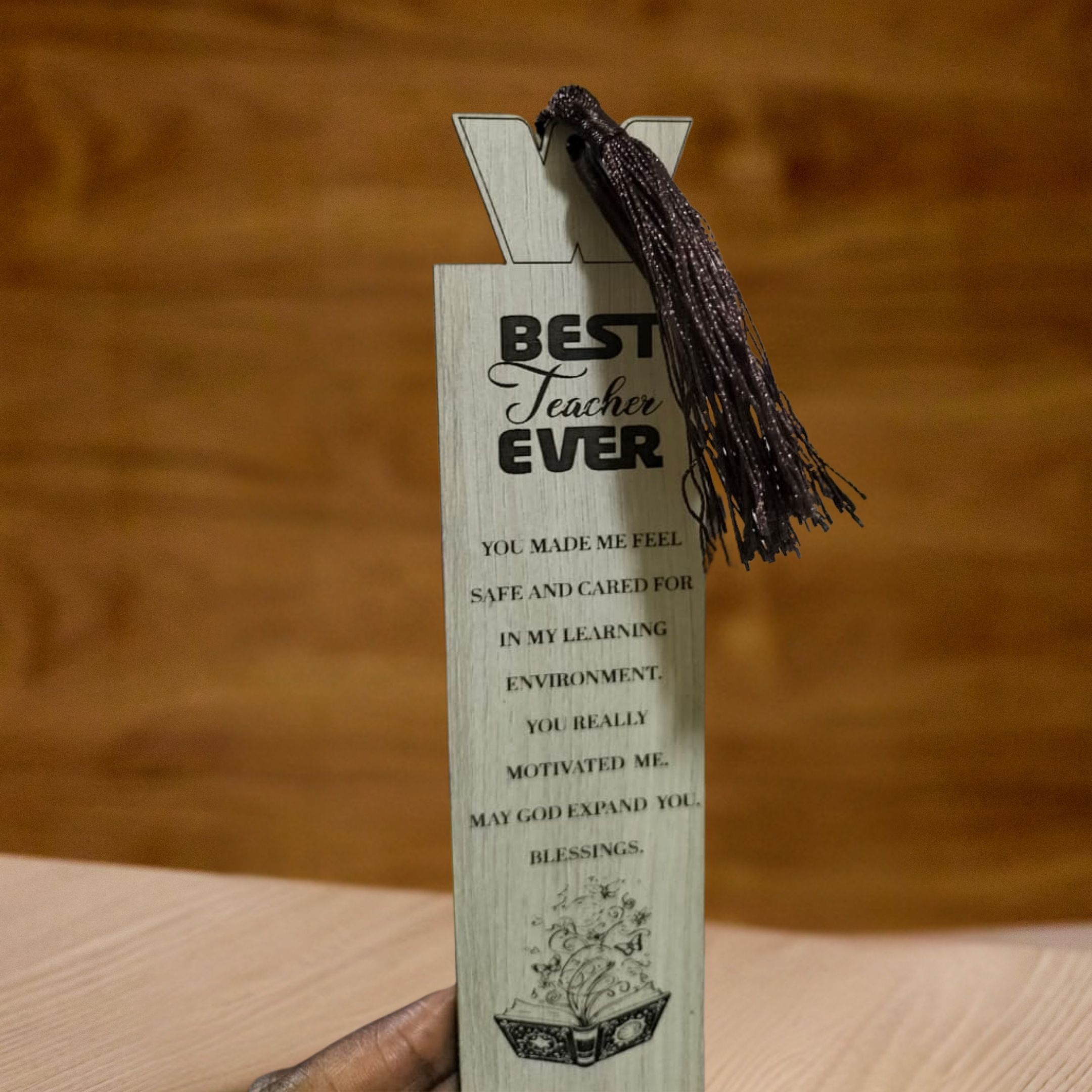 Best Teacher Ever wooden bookmark with tassel and personalised name tag