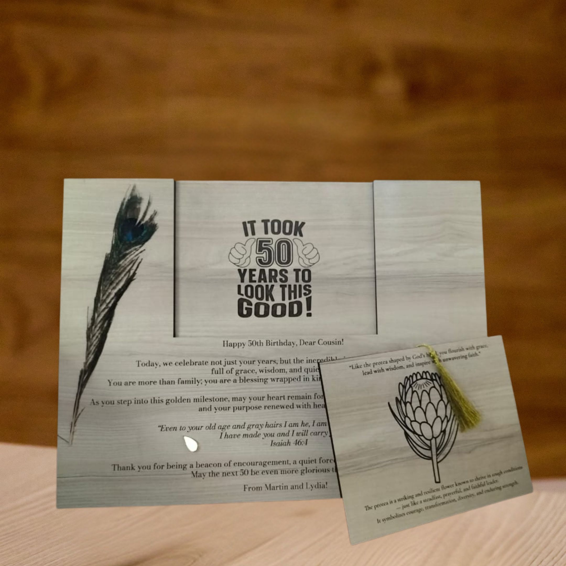 It took 50 years to look this good peacock feather birthday fold-out card