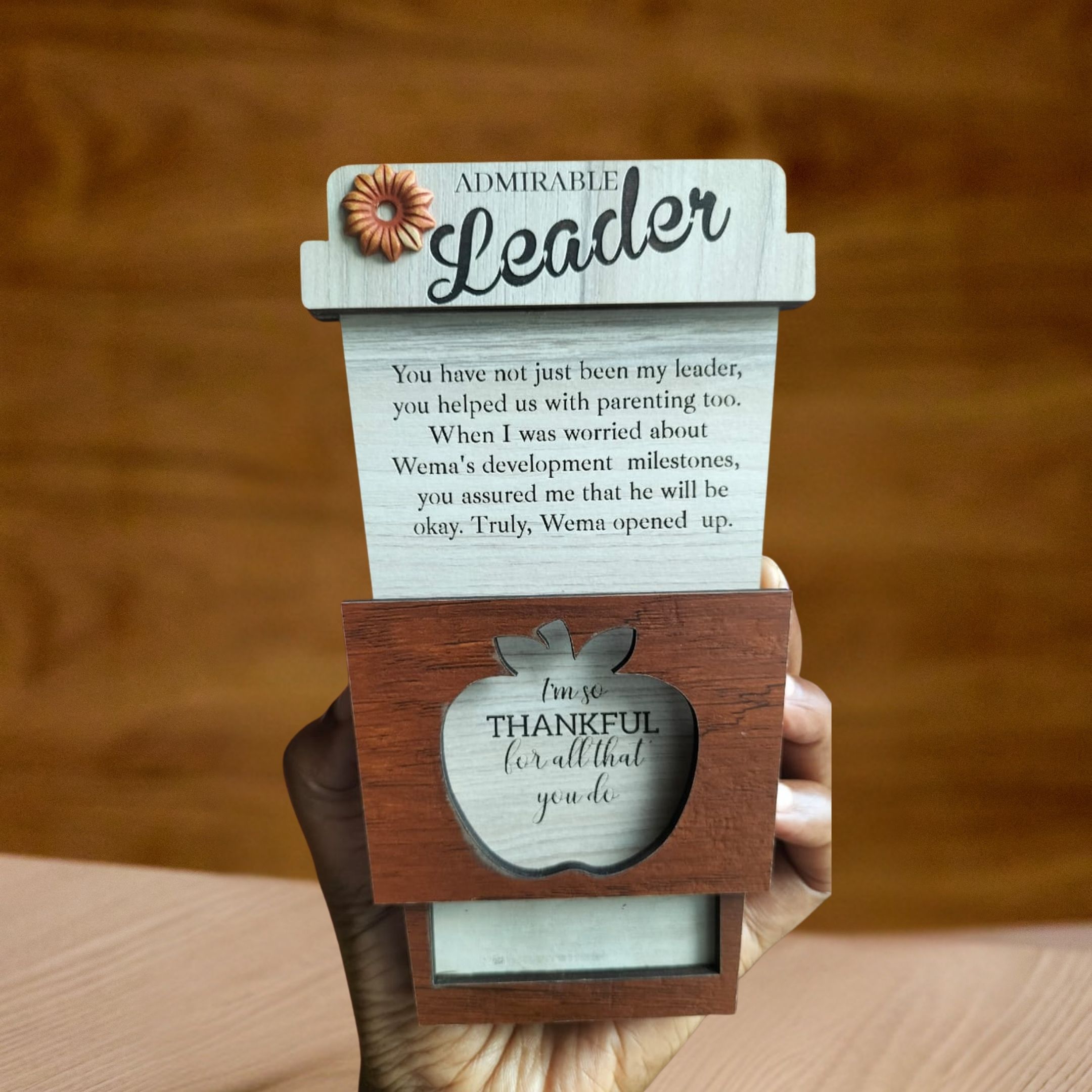 Admirable Leader appreciation fold-out card with apple-shaped photo window