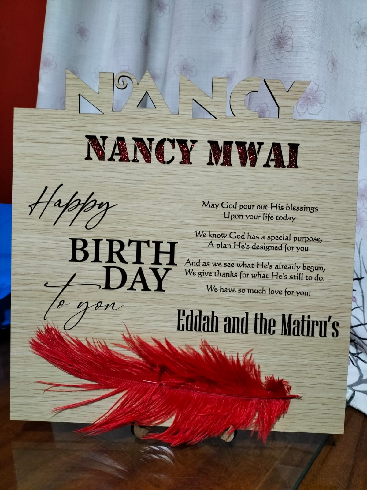 Wooden engraved birthday card with name topper and red feather accent