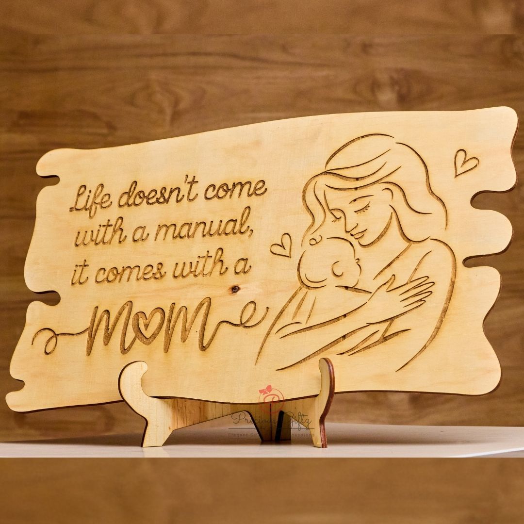 Laser-cut wooden Mother's Day card with mother and baby engraving