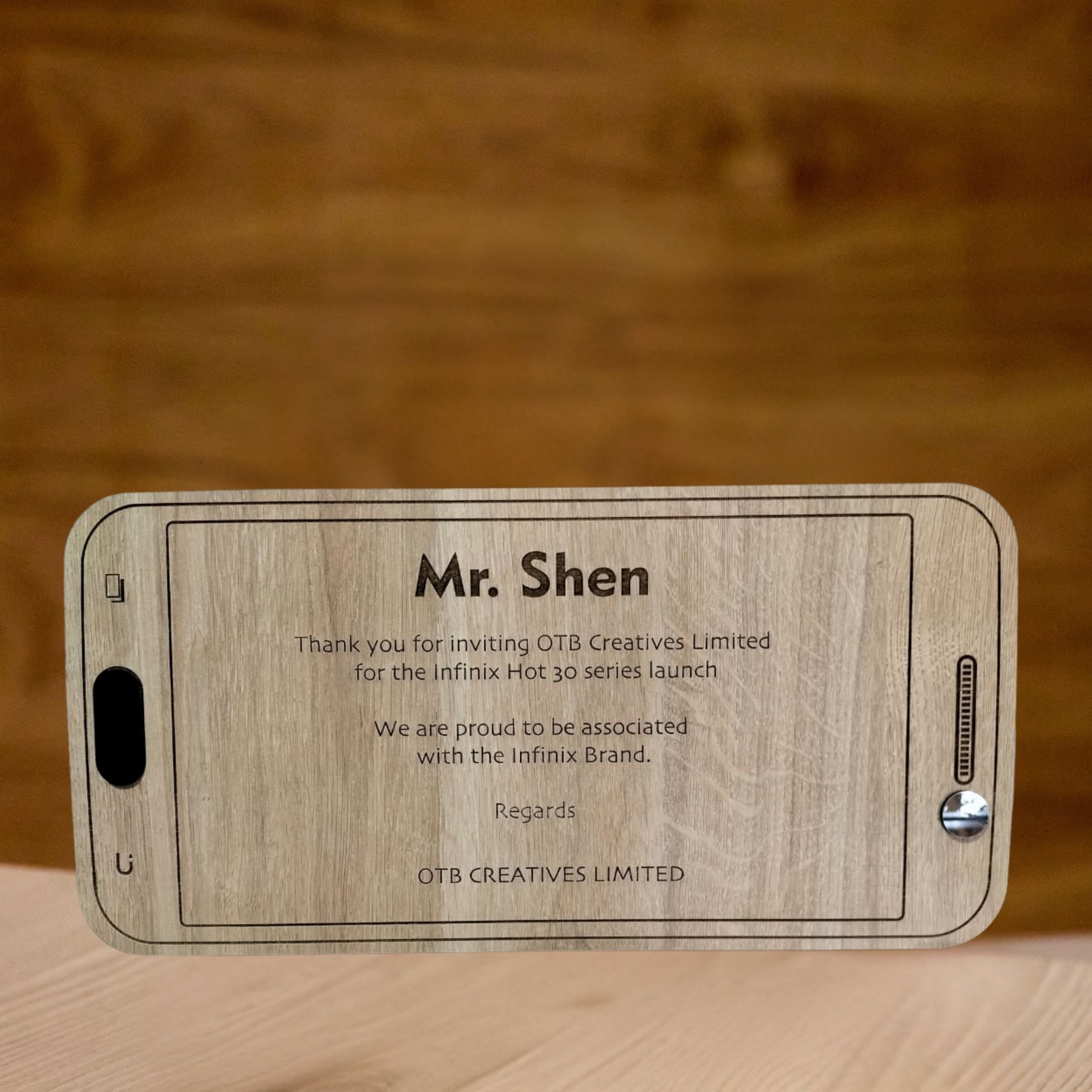 Phone-shaped laser-cut wooden corporate thank you card
