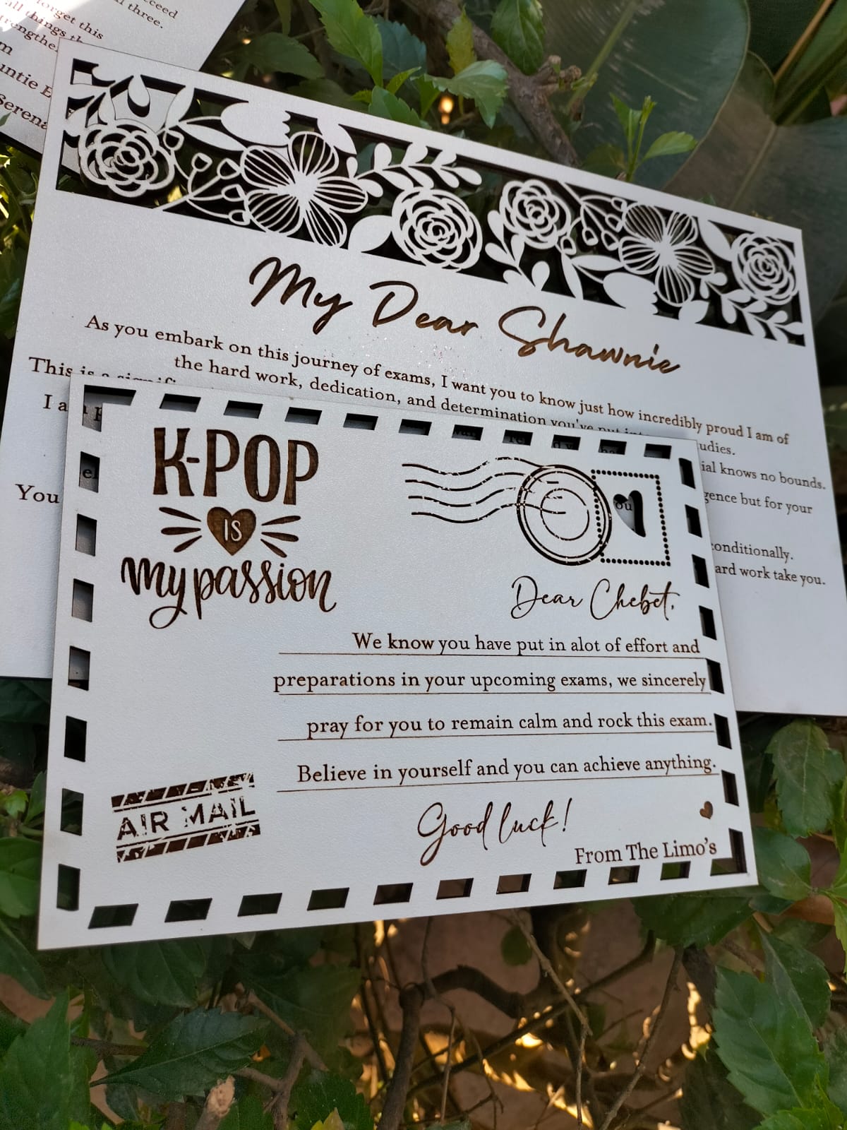 K-Pop themed exam success card with leaf-shaped topper