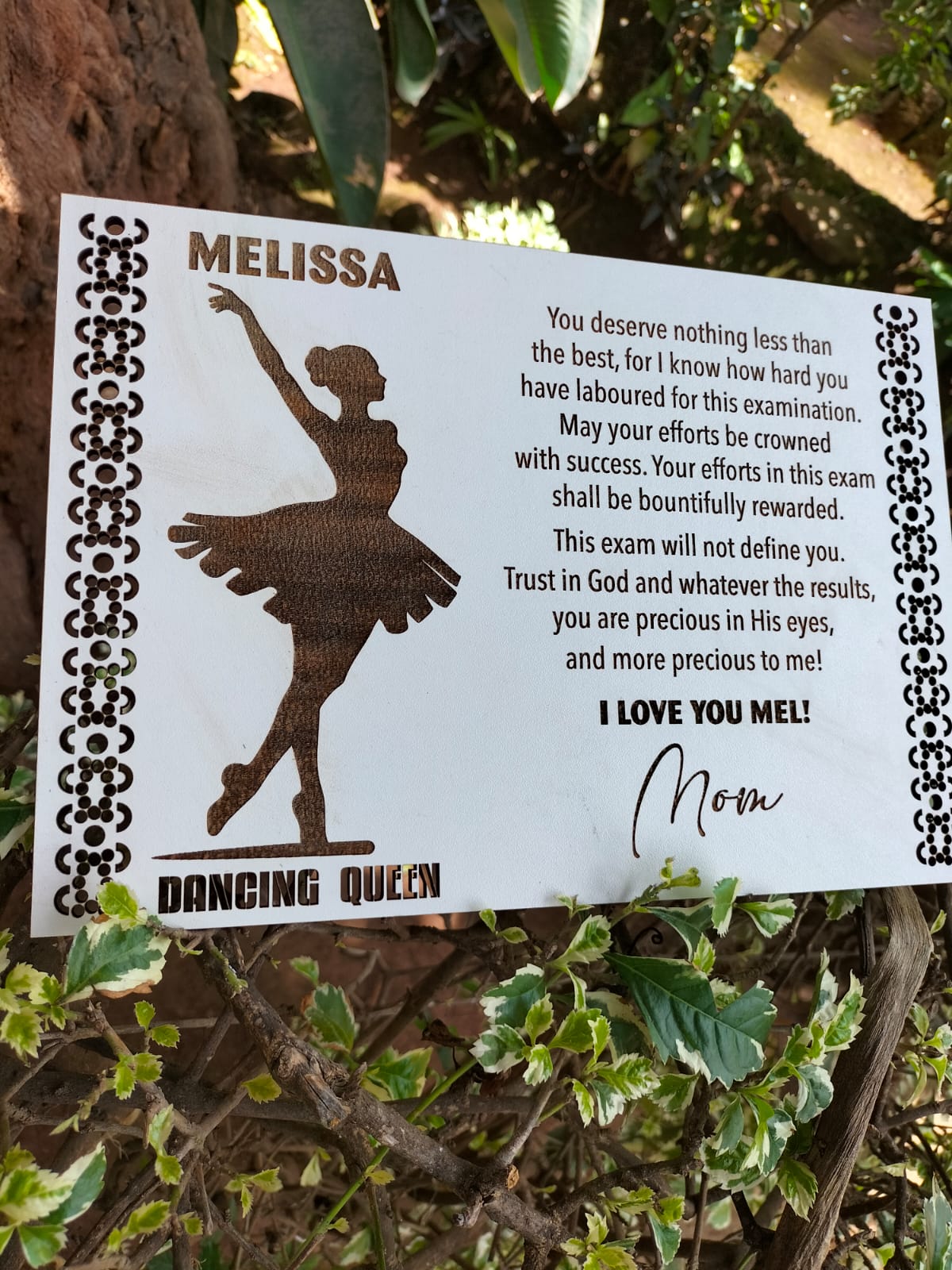 Wooden engraved exam success card with ballerina silhouette, Dancing Queen