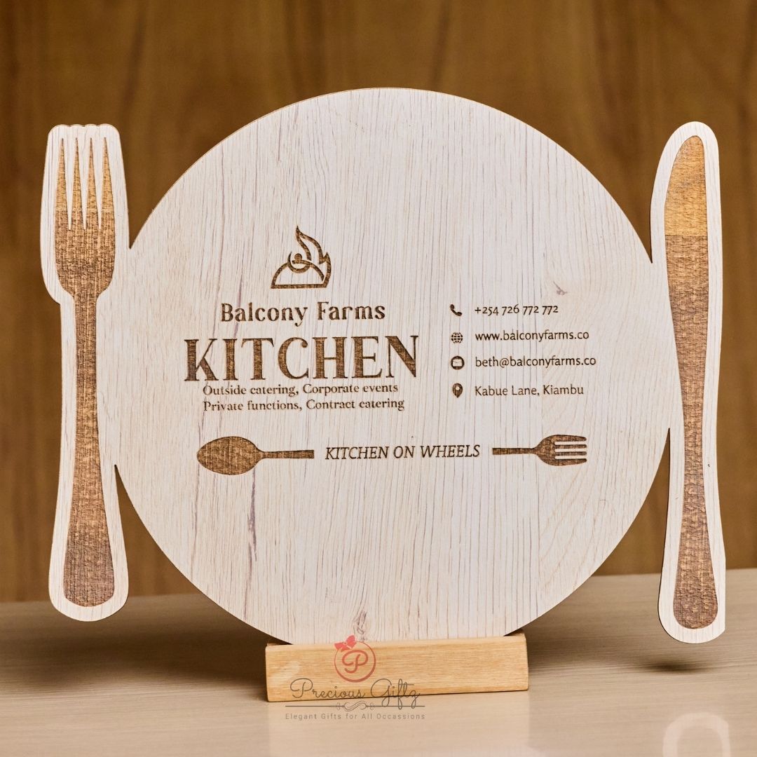 Branded wooden charger plate with cutlery motif, Balcony Farms Kitchen