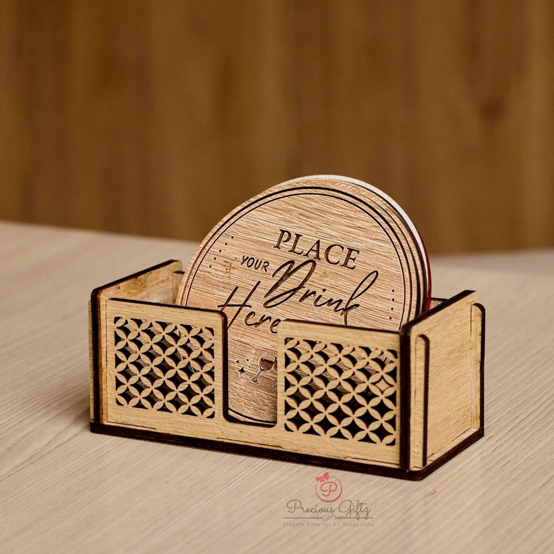 Engraved wooden coaster holder with coasters