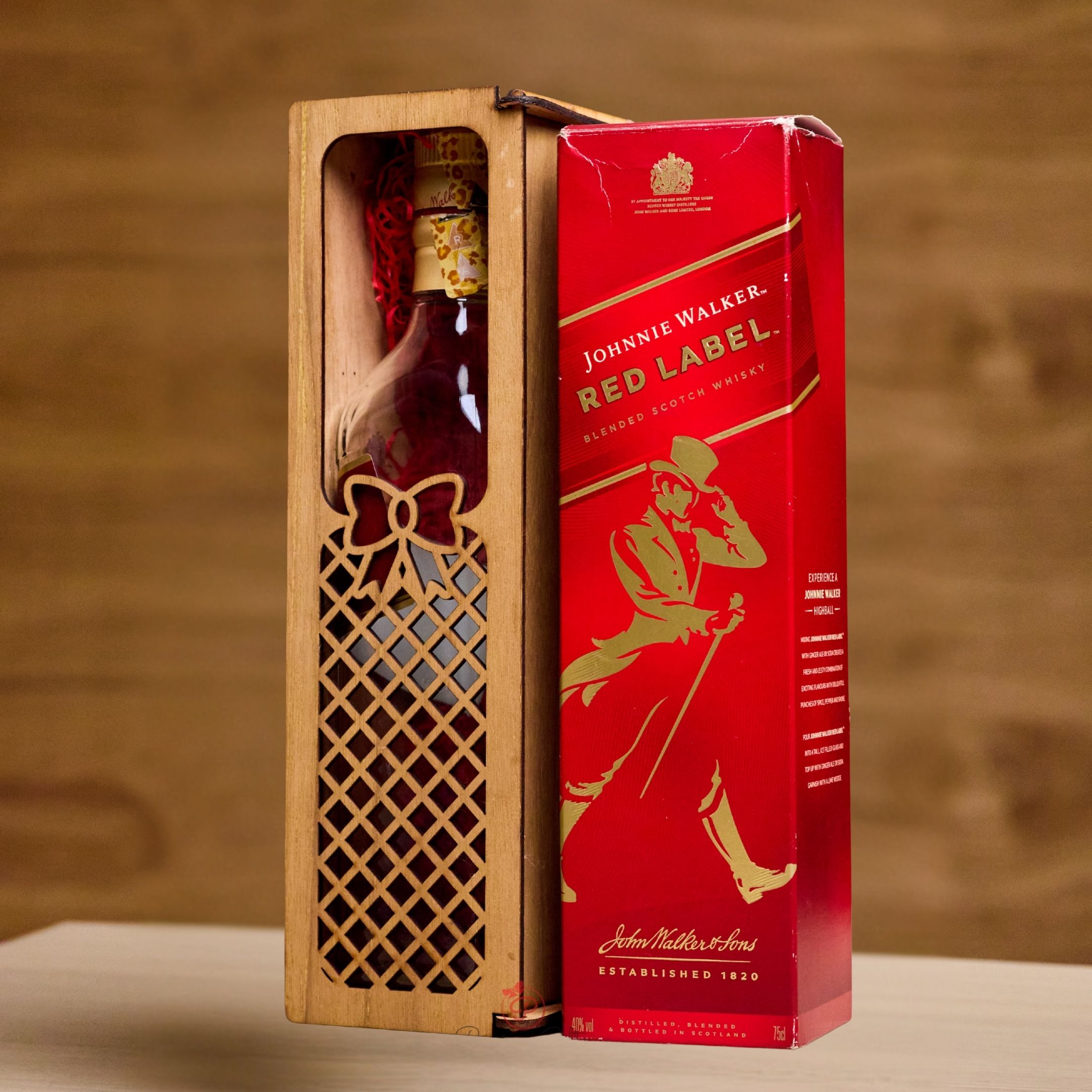 Precious Giftz wooden wine and whisky bottle gift box with bow cutout