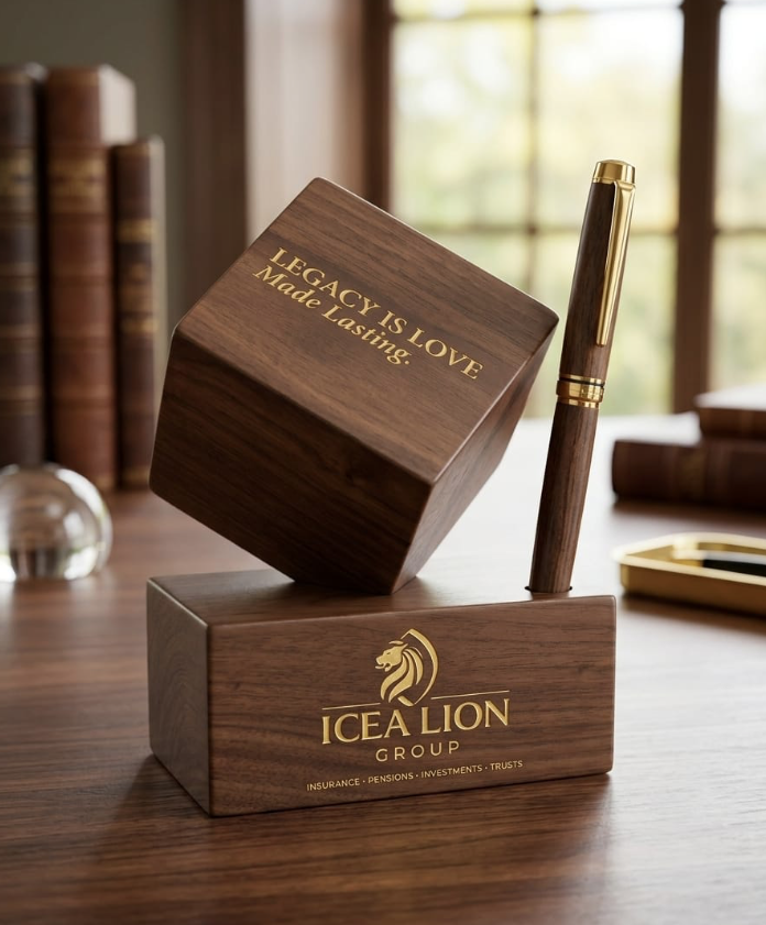 Precious Giftz engraved wooden motivational cube and penholder set with company branding