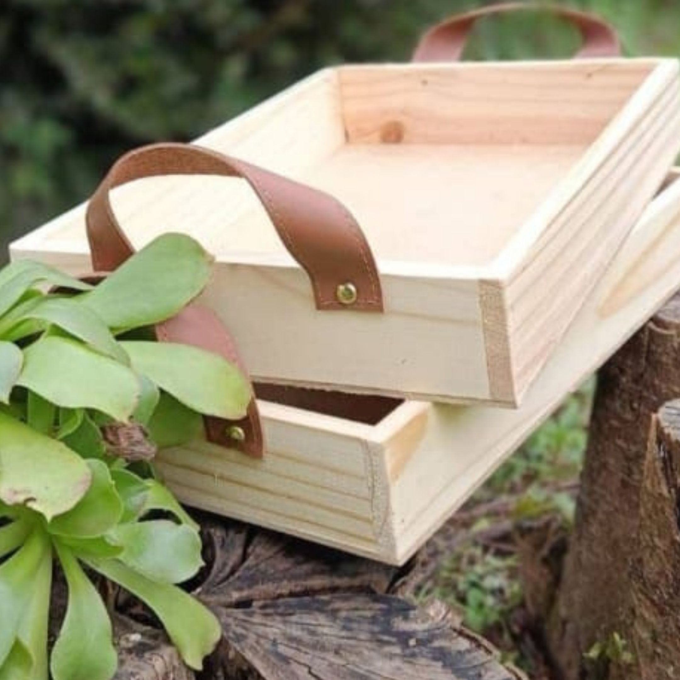 Precious Giftz wooden gift tray with leather handles