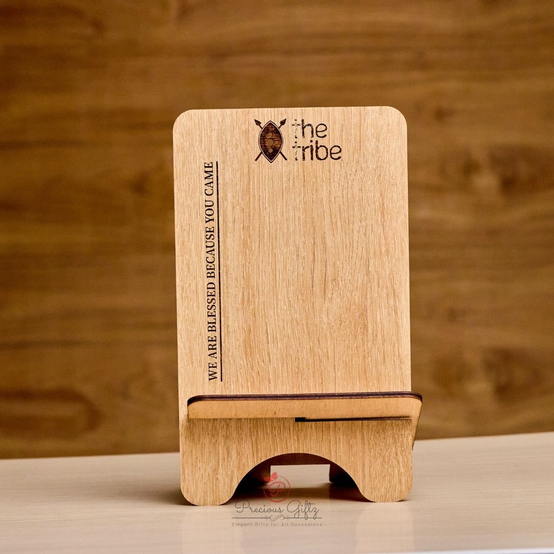 Wooden corporate phone holder, The Tribe branding
