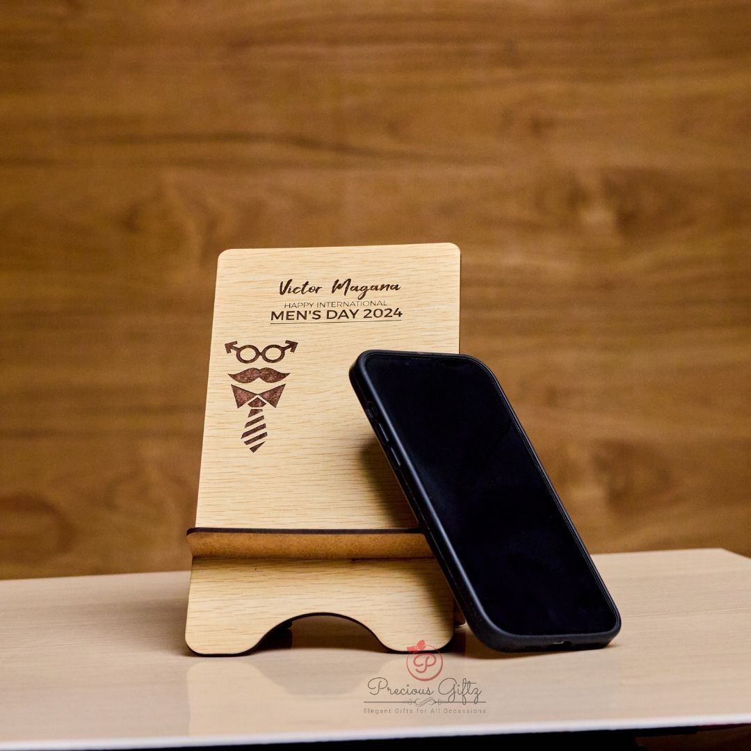 Wooden corporate phone holder, International Men's Day branding