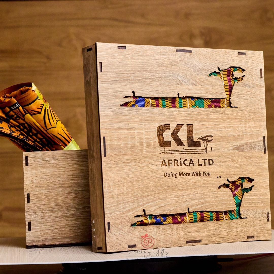 Branded wooden gift box, CKL Africa Ltd, with African print