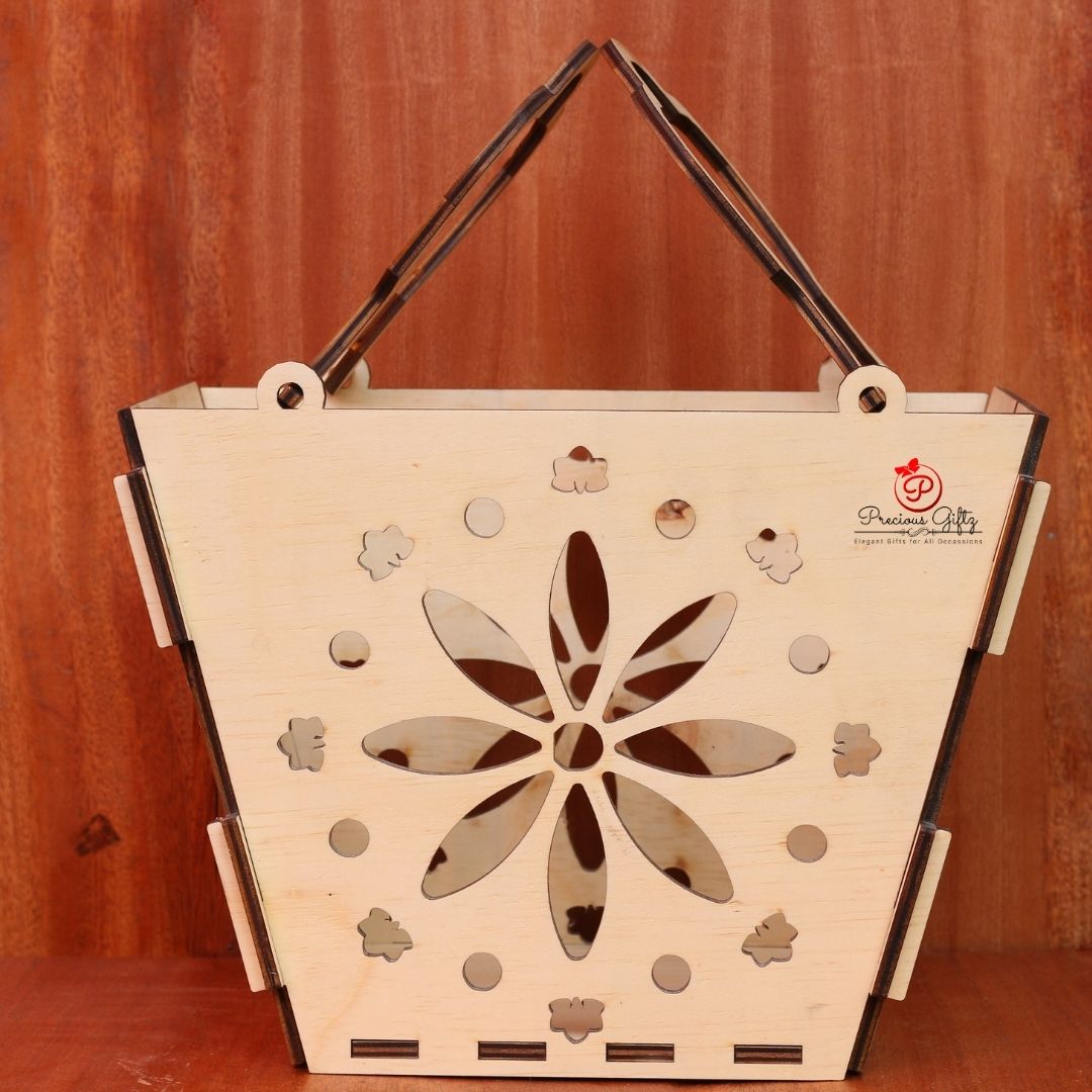 Precious Giftz flower cutout wooden handbag-style gift basket