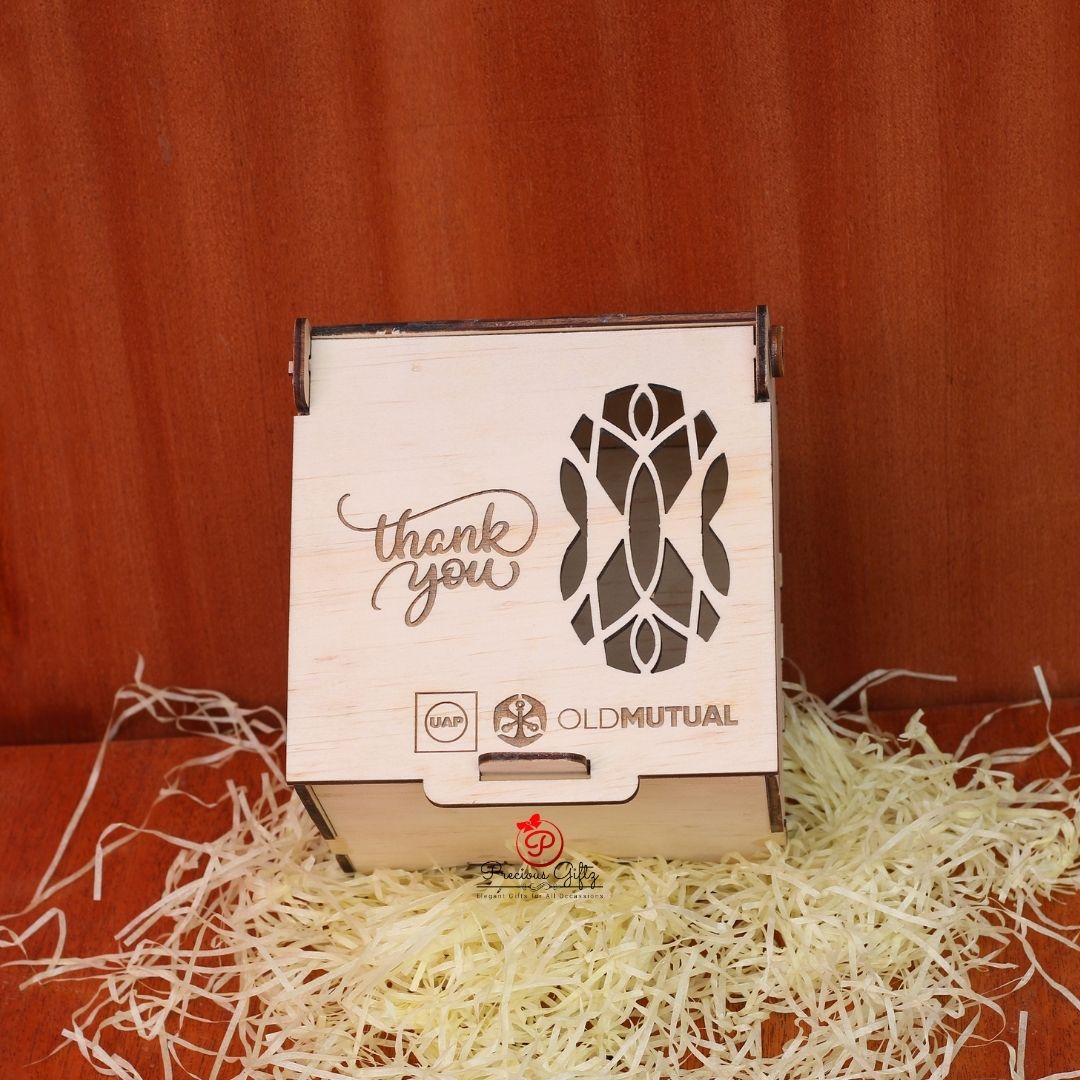 Precious Giftz engraved wooden thank you box with corporate branding