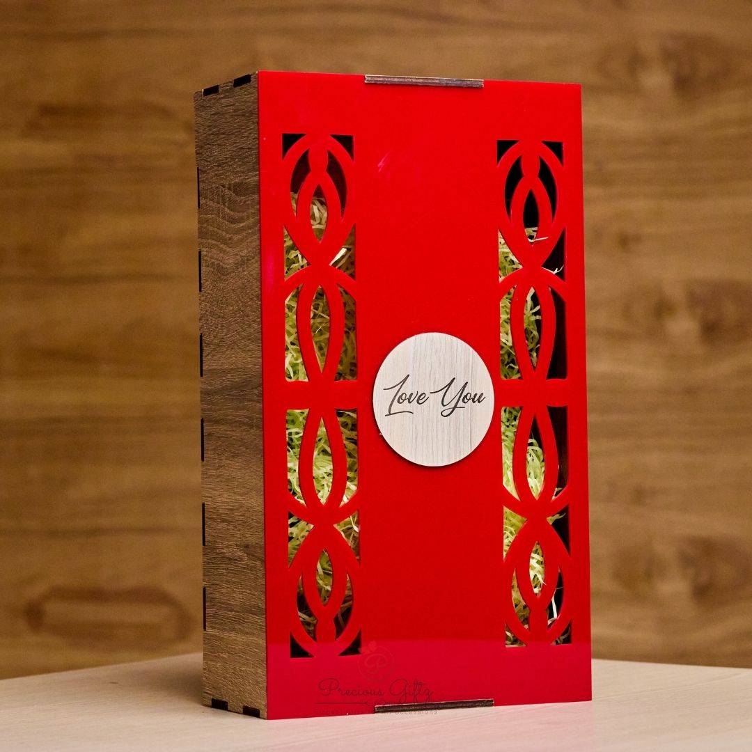 Red acrylic Valentine's Day gift box with love you medallion