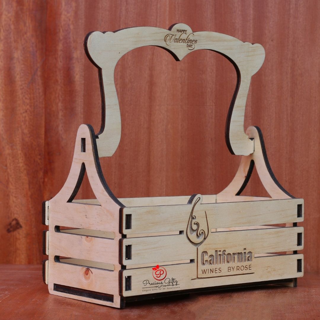 Precious Giftz branded wooden wine crate with arched handle
