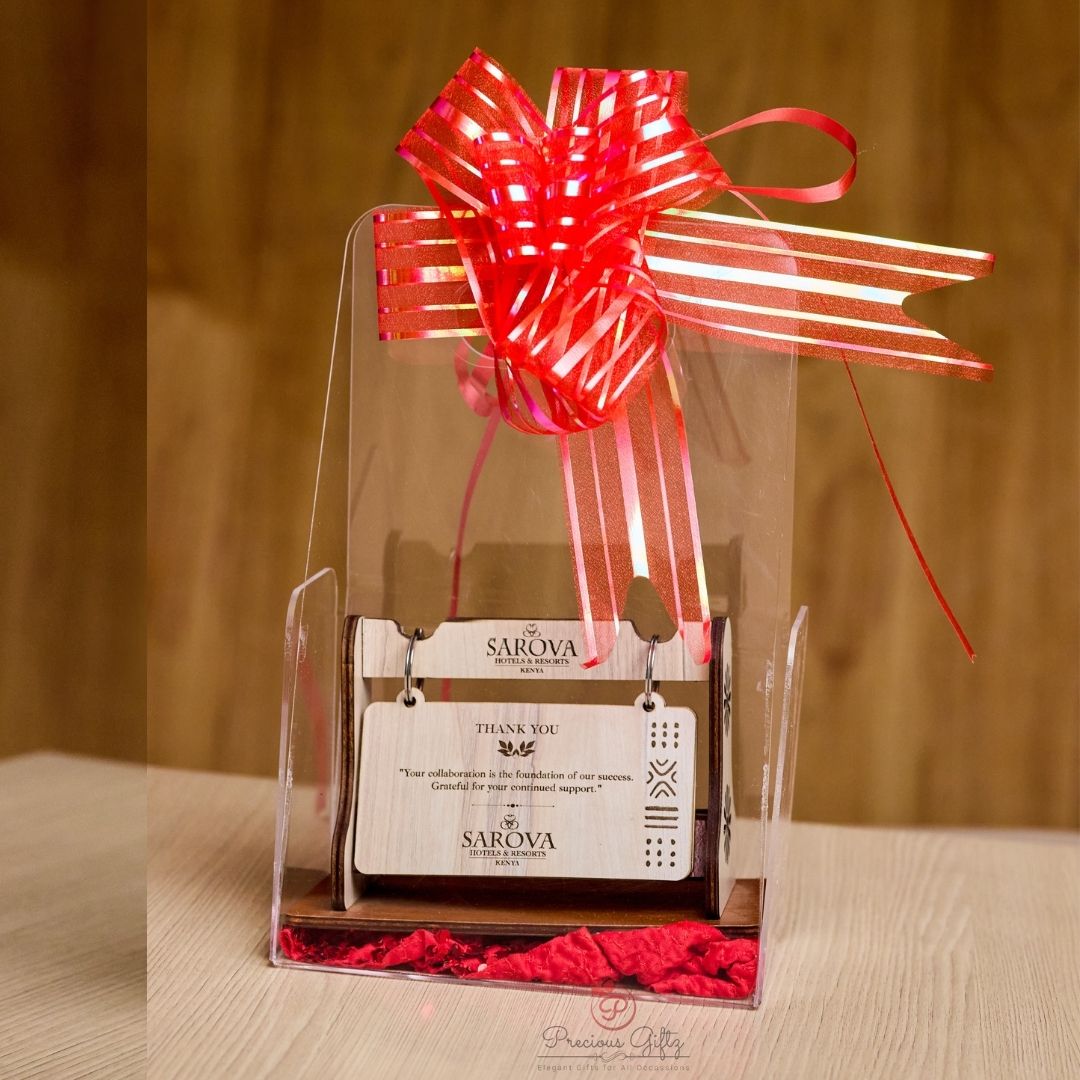 Ribboned acrylic thank-you gift box with engraved wooden card