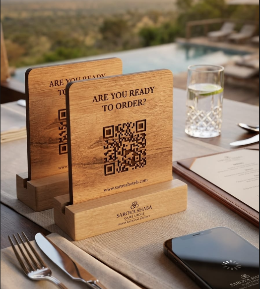 Sarova Shaba branded wooden QR code table menu stand with ordering QR code