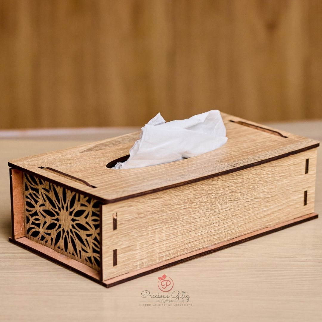 Laser-cut wooden tissue box with floral lattice pattern