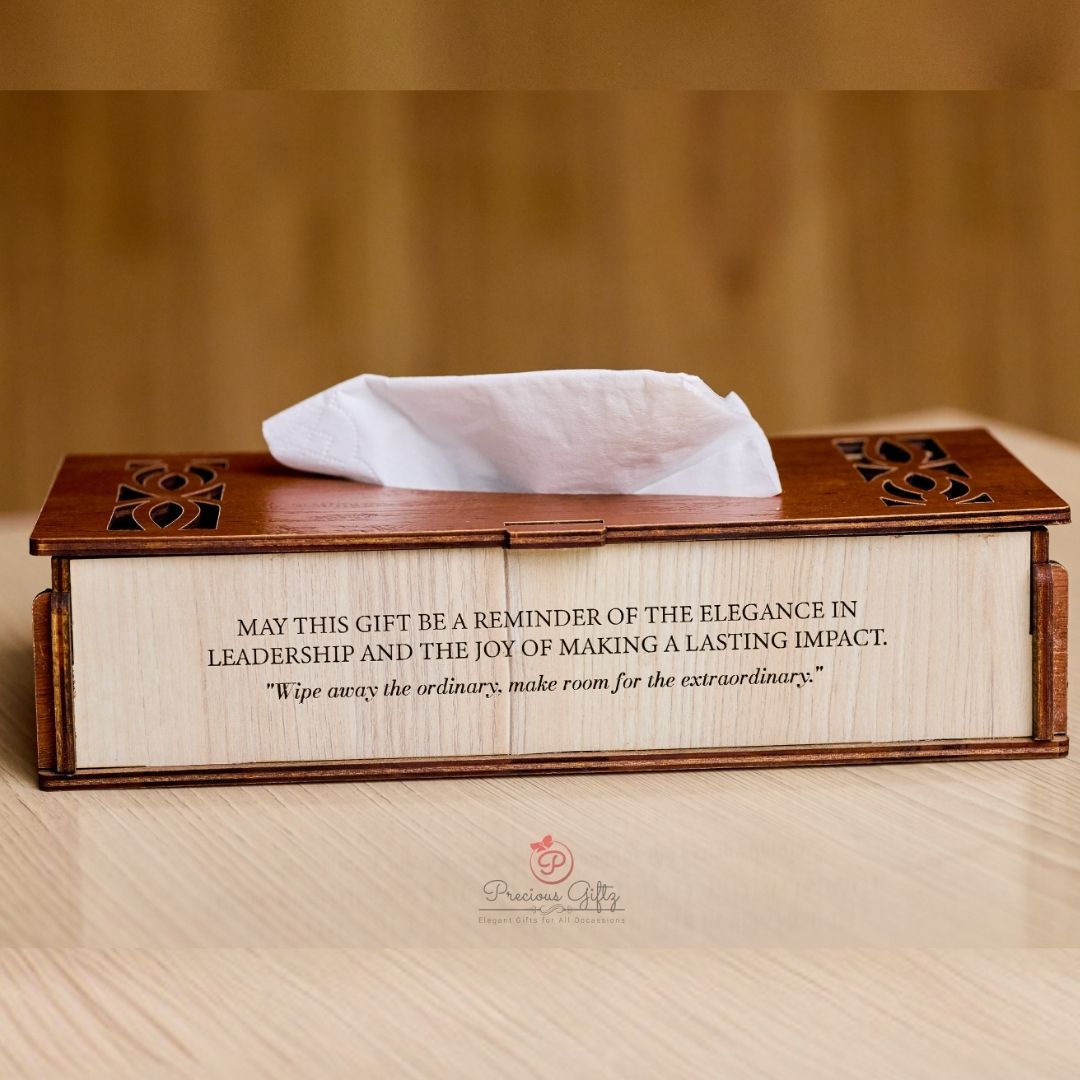 Engraved wooden tissue box with leadership appreciation message