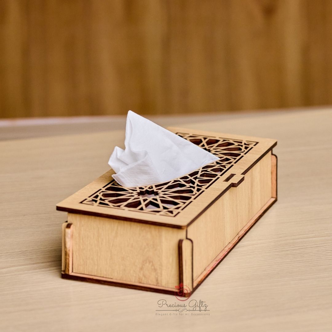 Laser-cut wooden tissue box with Arabic star lattice pattern