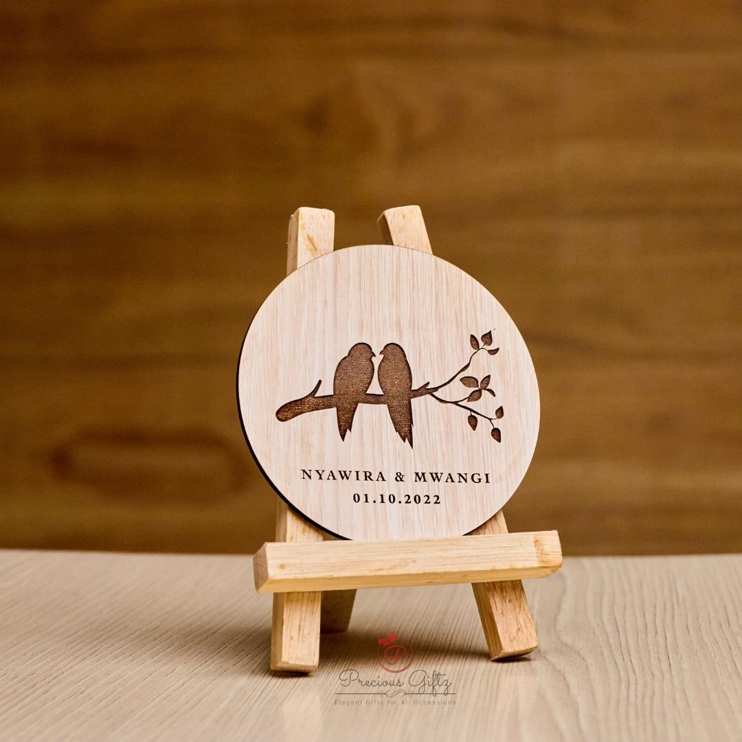 Engraved wooden wedding coaster giveaway with love birds design