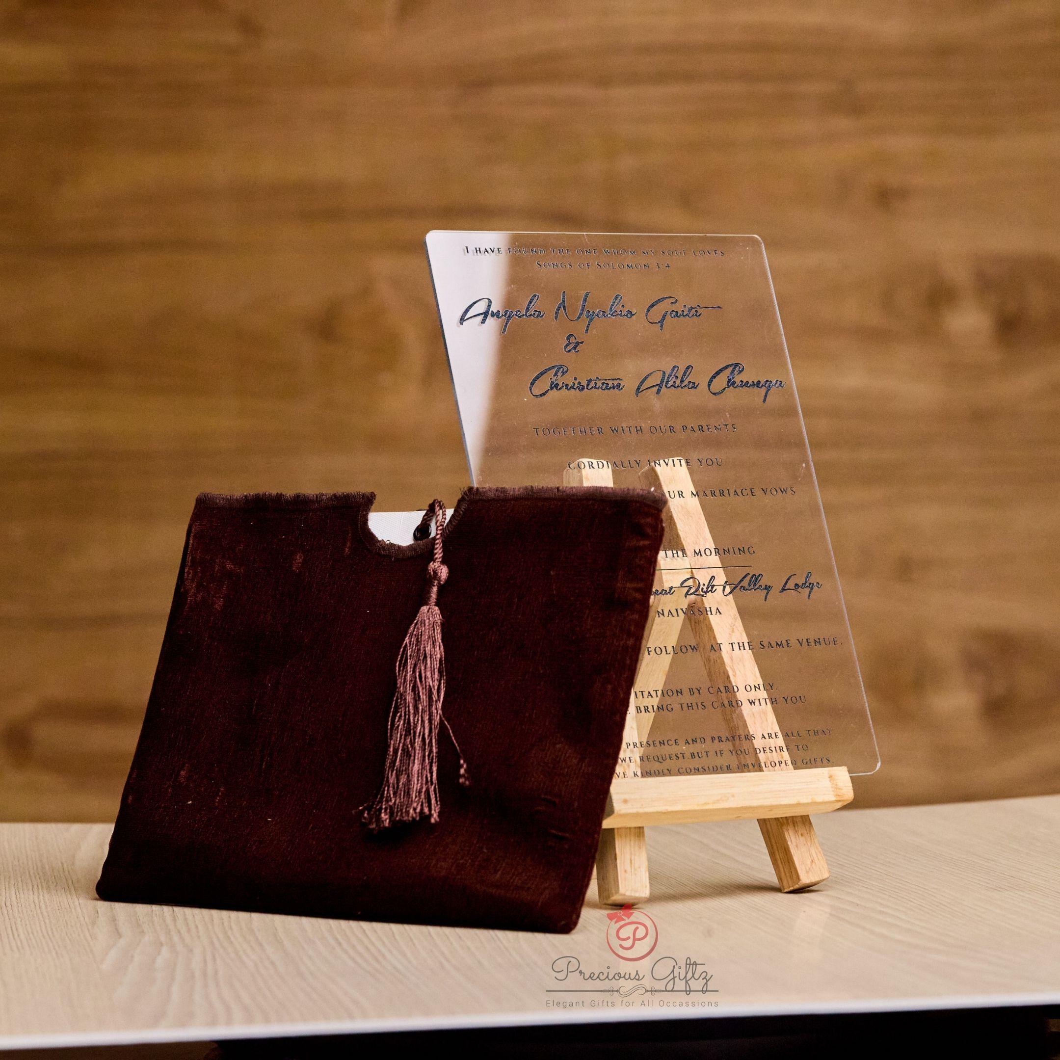 Acrylic wedding invitation card with velvet pouch, Angela and Christian