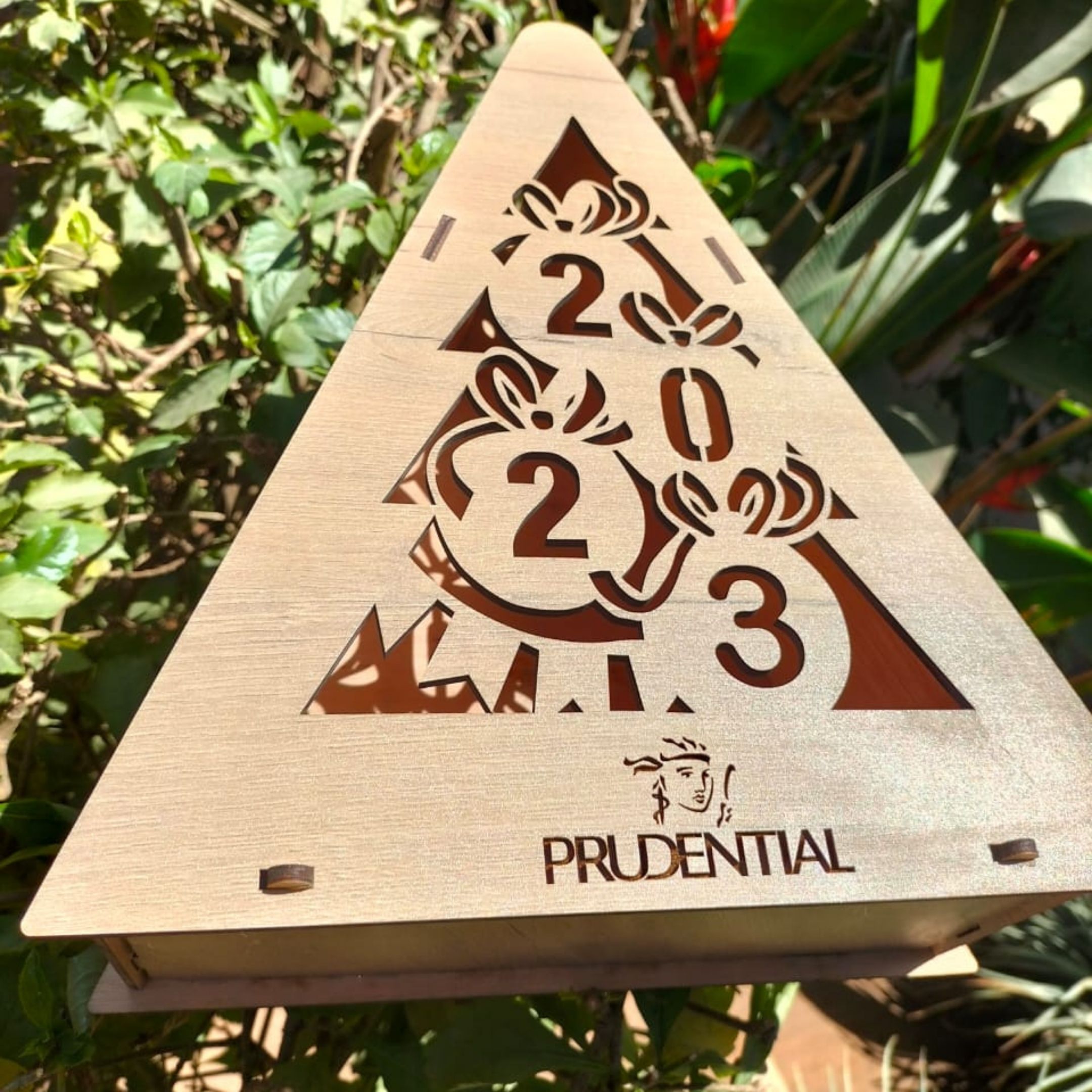 Prudential branded wooden Christmas tree-shaped gift box