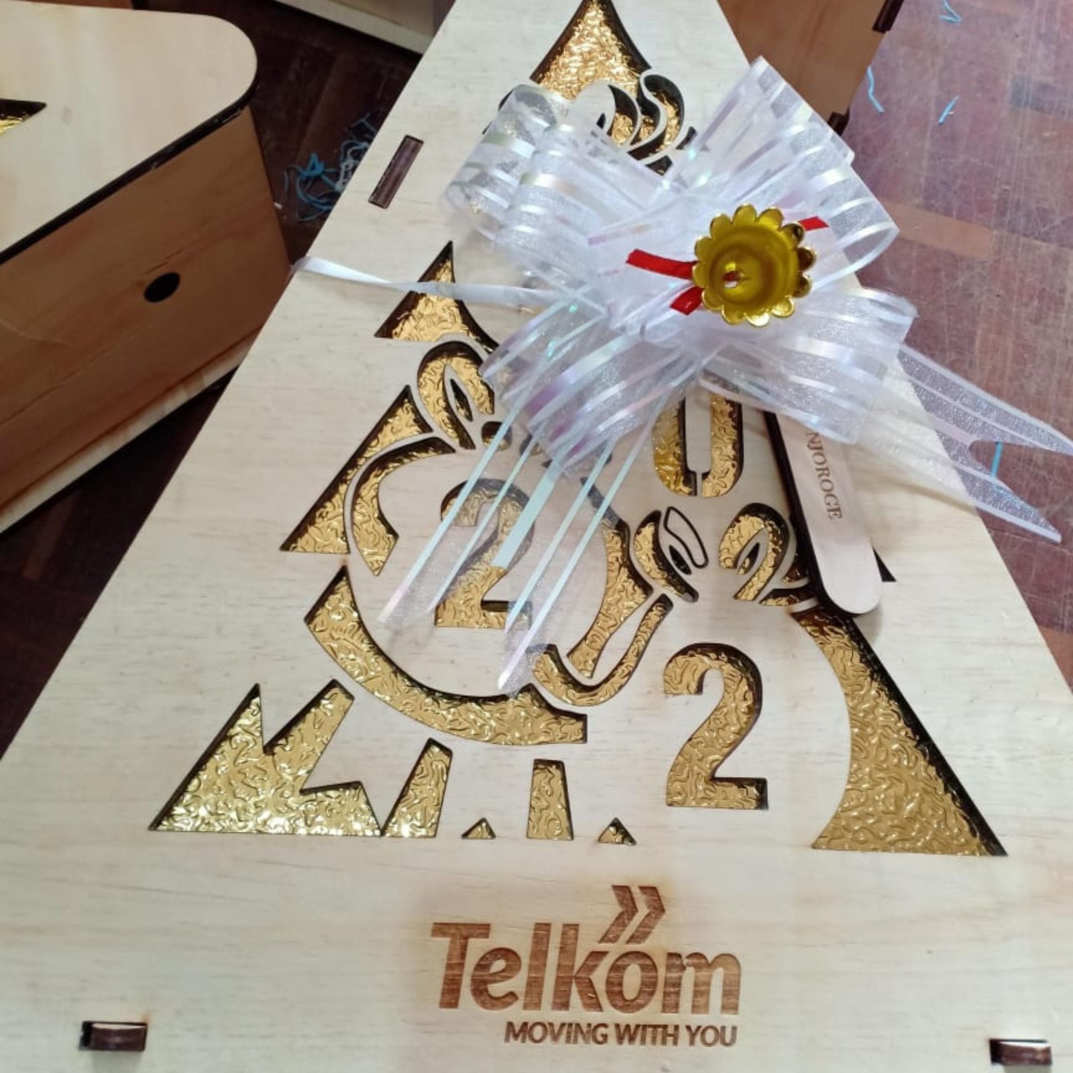 Telkom branded wooden Christmas tree-shaped gift box